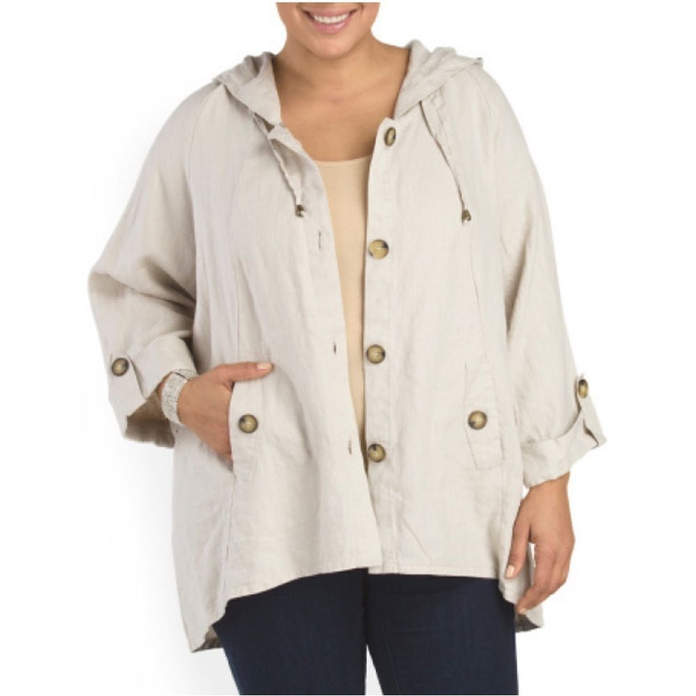 For Cynthia Linen Beige Hooded Button Front Duster Jacket Size 2X